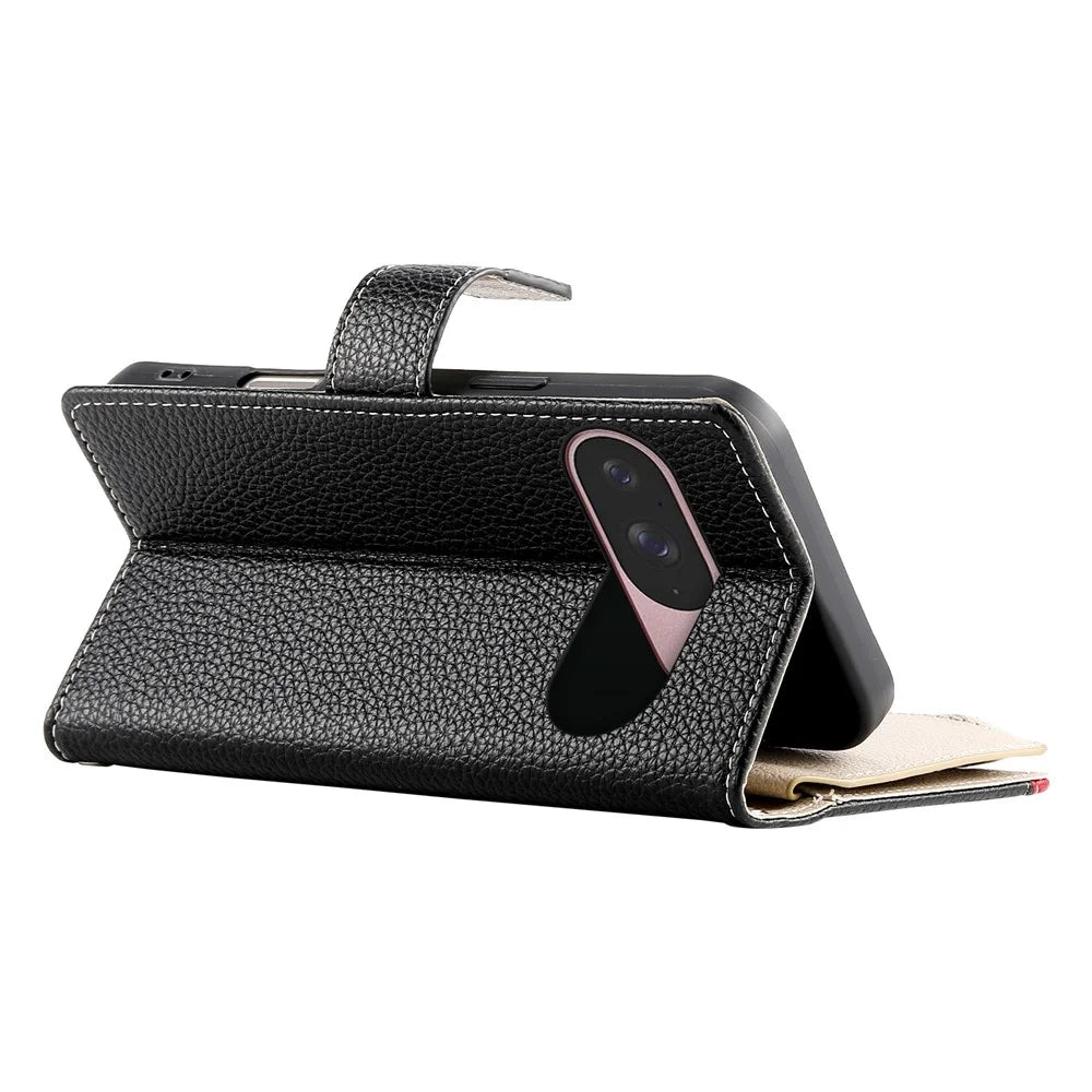 For Google Pixel 11 / Pixel 11 Pro Leather Case Zipper Wallet Color Splicing Flip Phone Cover with Straps - Black - 4