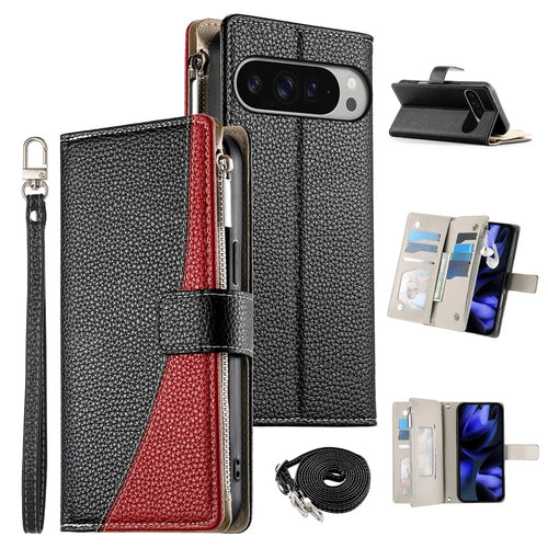For Google Pixel 11 Pro XL Leather Case Zipper Wallet Color Splicing Flip Phone Cover with Straps - Black - 1