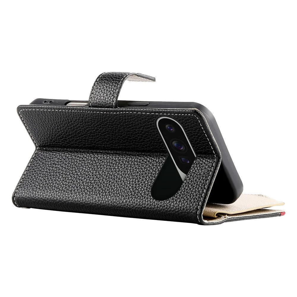 For Google Pixel 11 Pro XL Leather Case Zipper Wallet Color Splicing Flip Phone Cover with Straps - Black - 4
