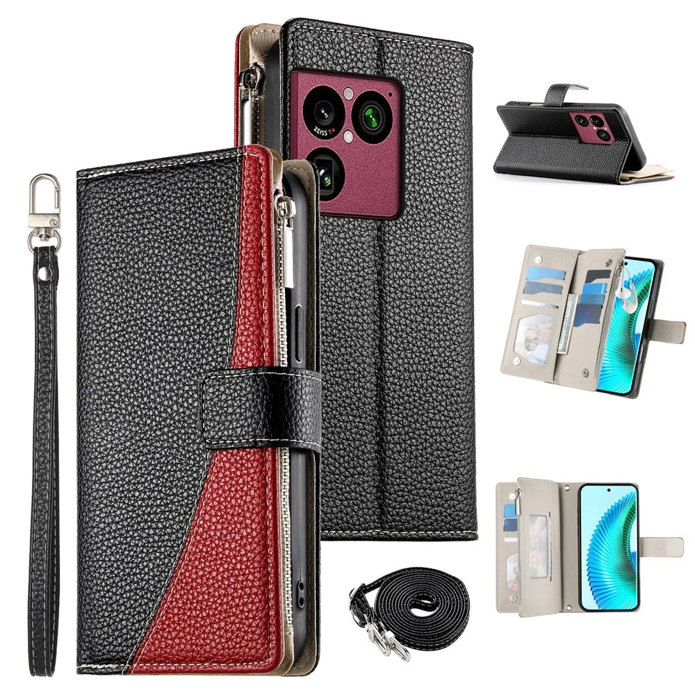 For Sony Xperia 1 VIII Leather Case Zipper Wallet Color Splicing Flip Phone Cover with Straps - Black - 1