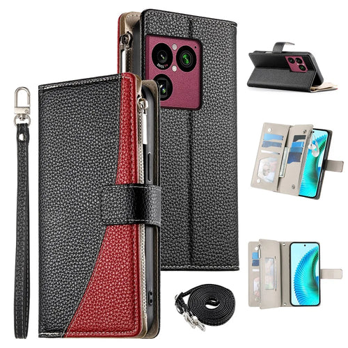For Sony Xperia 1 VIII Leather Case Zipper Wallet Color Splicing Flip Phone Cover with Straps - Black - 1