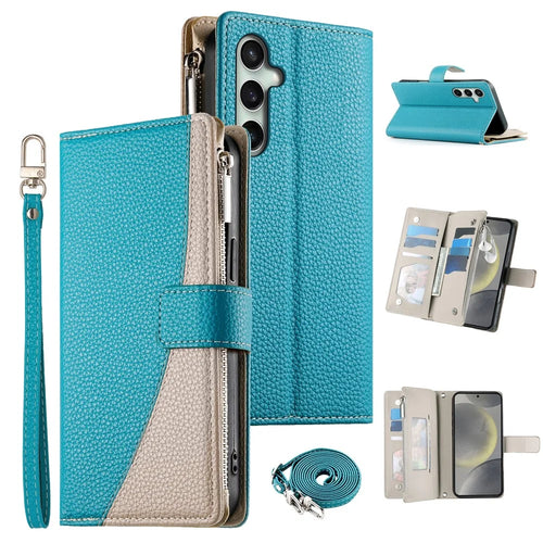 For Samsung Galaxy S26 FE Leather Case Zipper Wallet Color Splicing Flip Phone Cover with Straps - Lake Blue - 1