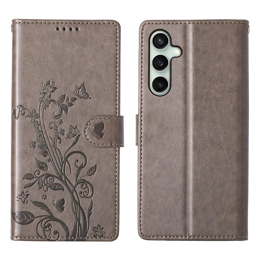 For Samsung Galaxy S26 FE Wallet Case Butterfly Floral Imprint PU Leather Phone Cover with Wrist Strap - Grey - 1