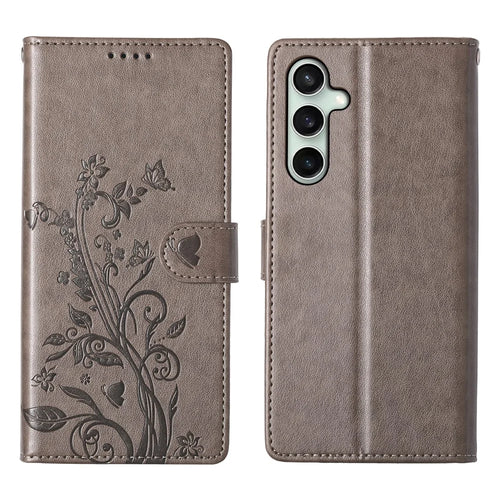 For Samsung Galaxy S26 FE Wallet Case Butterfly Floral Imprint PU Leather Phone Cover with Wrist Strap - Grey - 1