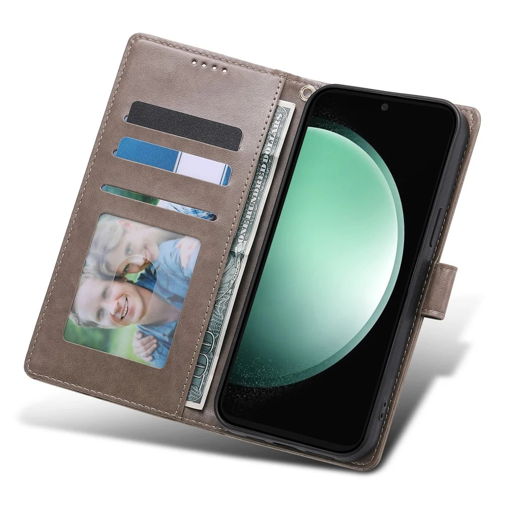 For Samsung Galaxy S26 FE Wallet Case Butterfly Floral Imprint PU Leather Phone Cover with Wrist Strap - Grey - 5