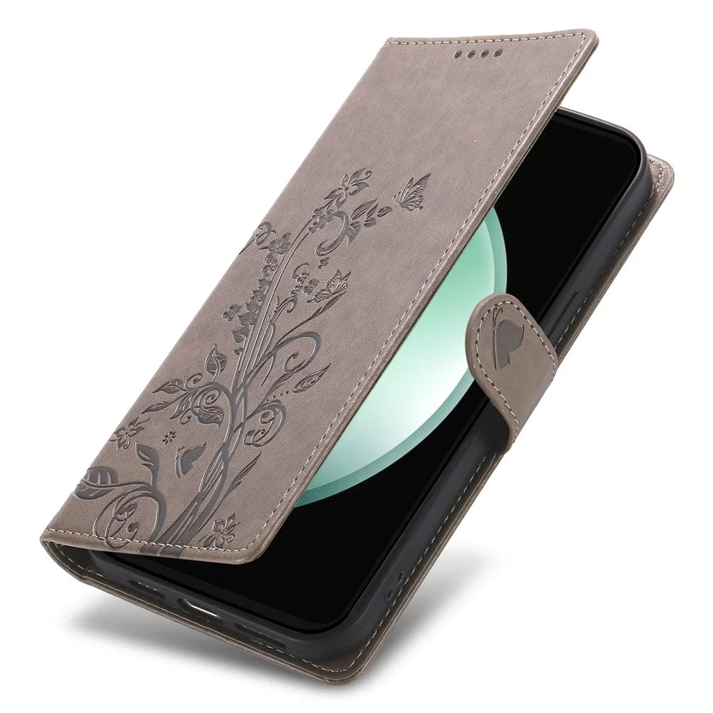 For Samsung Galaxy S26 FE Wallet Case Butterfly Floral Imprint PU Leather Phone Cover with Wrist Strap - Grey - 6