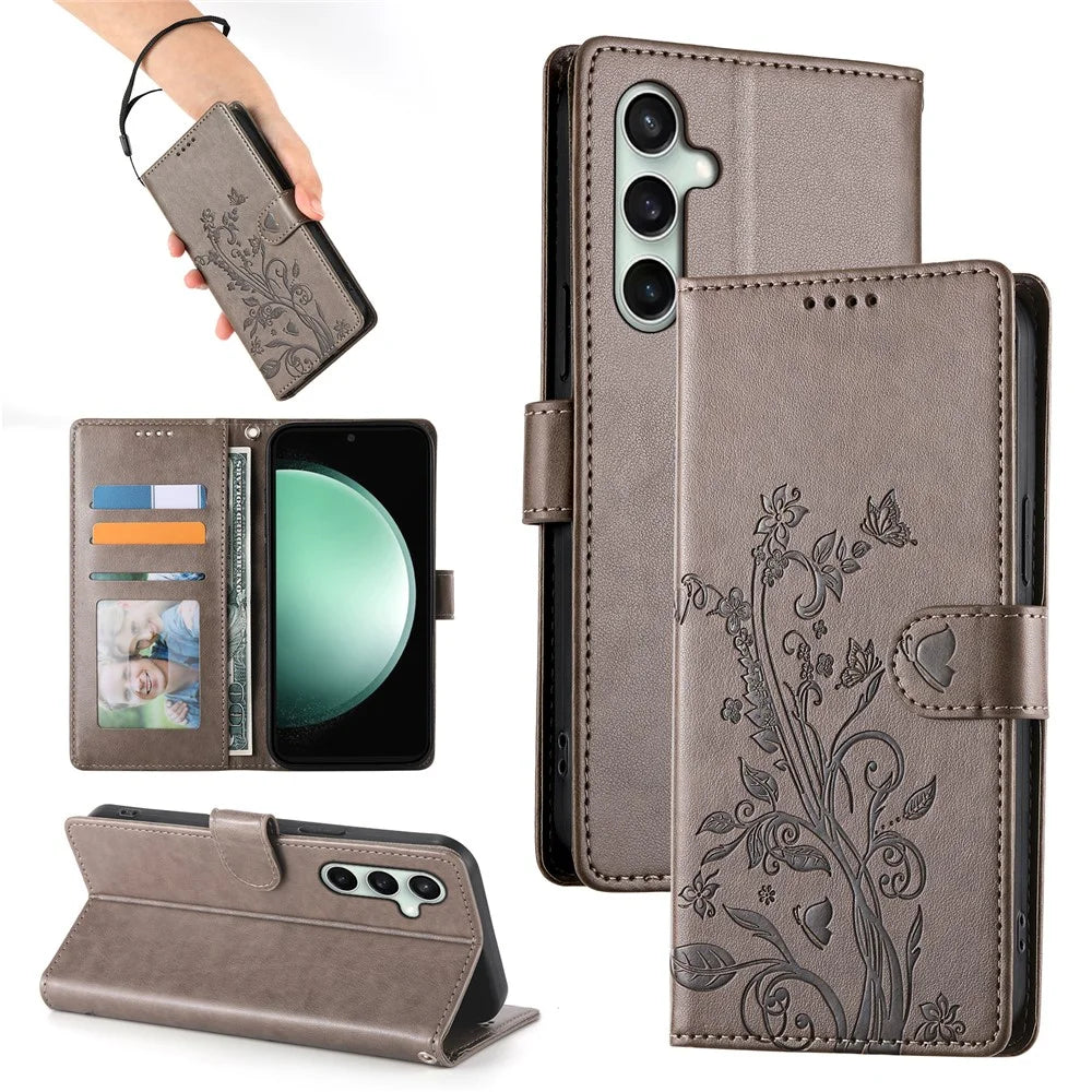 For Samsung Galaxy S26 FE Wallet Case Butterfly Floral Imprint PU Leather Phone Cover with Wrist Strap - Grey - 7