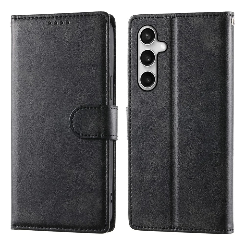 For Samsung Galaxy S26 FE Case Stand Wallet Calf Texture PU Leather Flip Phone Cover with Wrist Strap - Black - 1