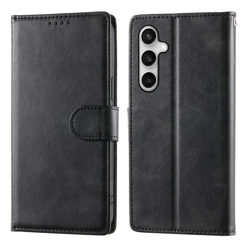 For Samsung Galaxy S26 FE Case Stand Wallet Calf Texture PU Leather Flip Phone Cover with Wrist Strap - Black - 1