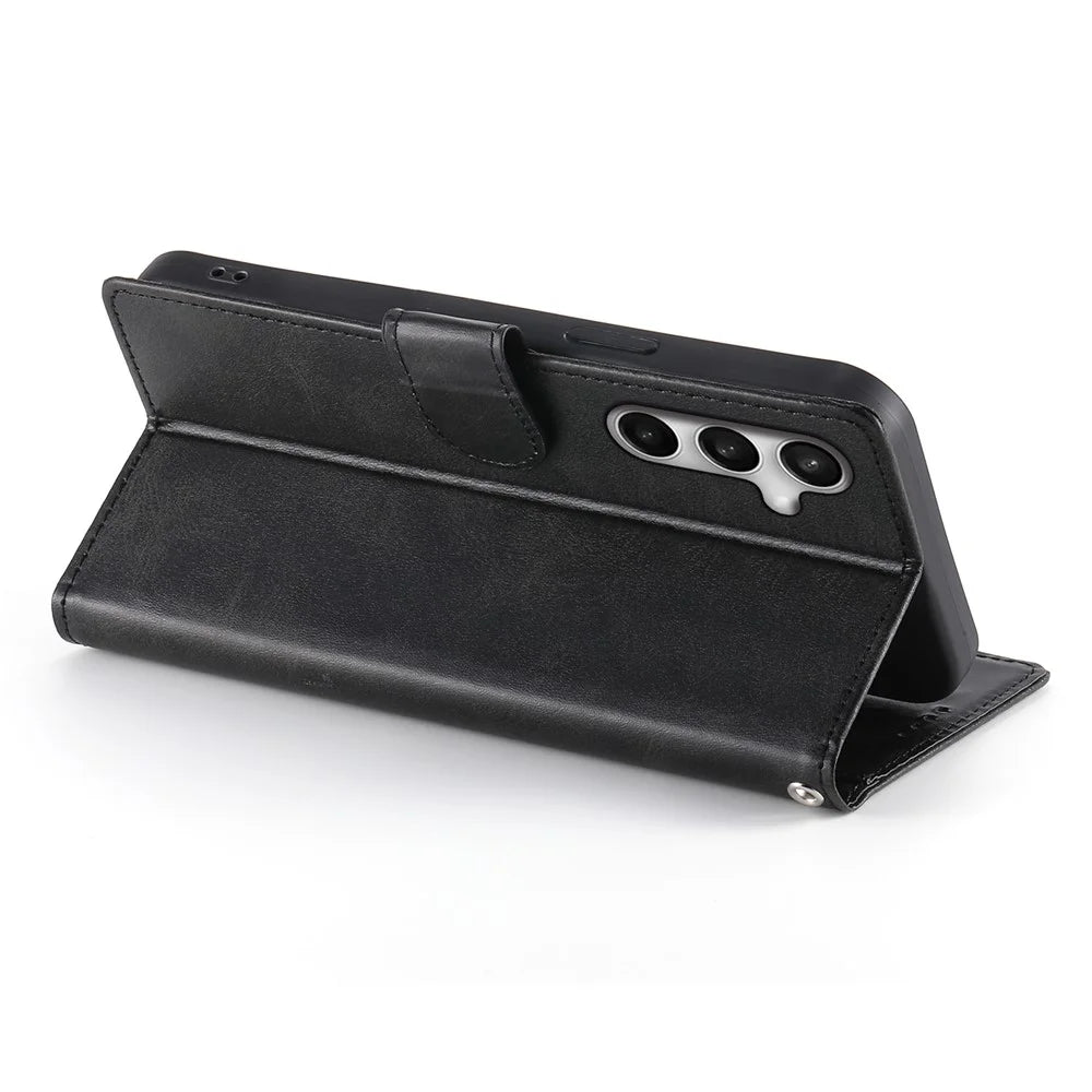 For Samsung Galaxy S26 FE Case Stand Wallet Calf Texture PU Leather Flip Phone Cover with Wrist Strap - Black - 3