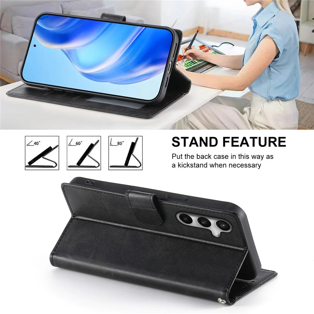 For Samsung Galaxy S26 FE Case Stand Wallet Calf Texture PU Leather Flip Phone Cover with Wrist Strap - Black - 4