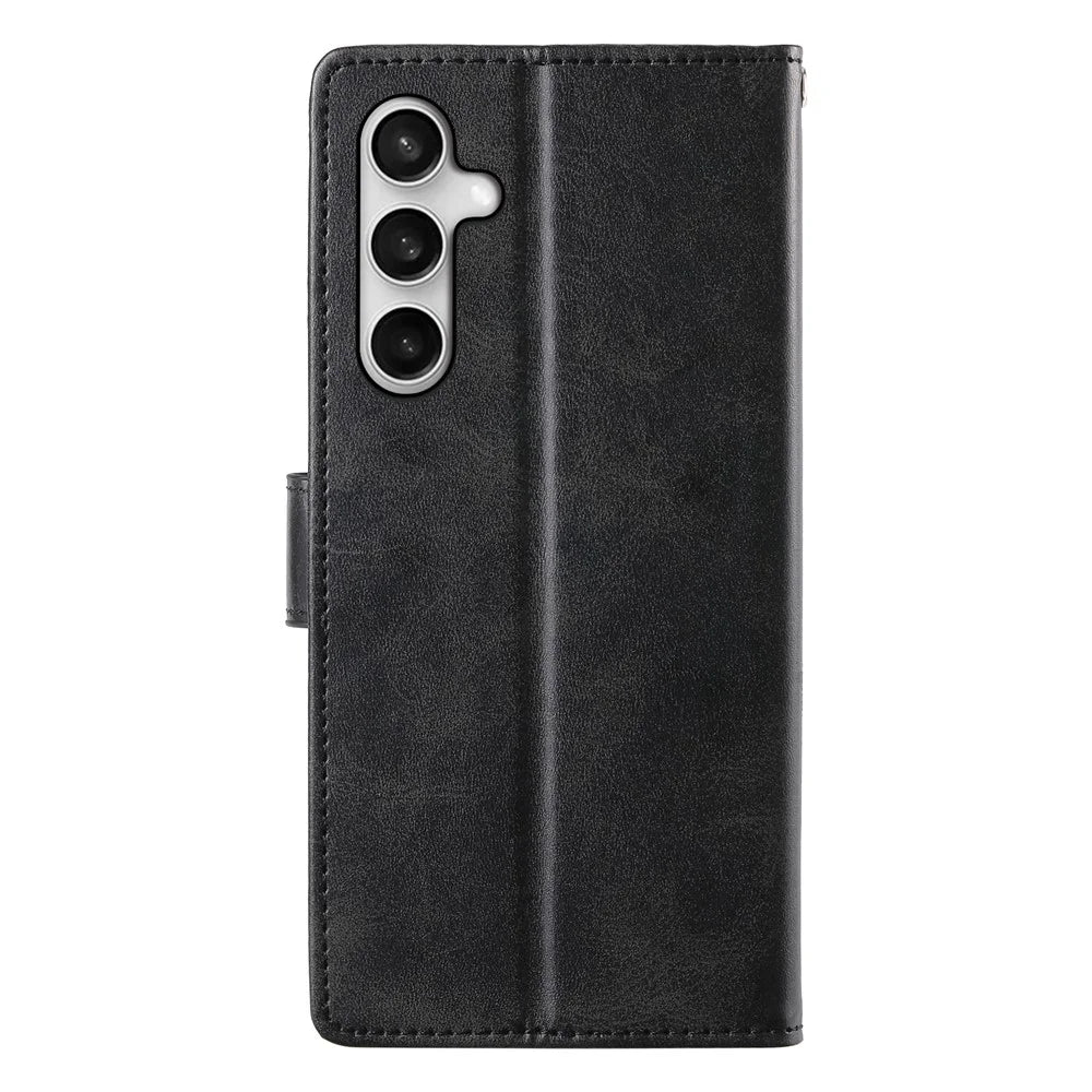 For Samsung Galaxy S26 FE Case Stand Wallet Calf Texture PU Leather Flip Phone Cover with Wrist Strap - Black - 6