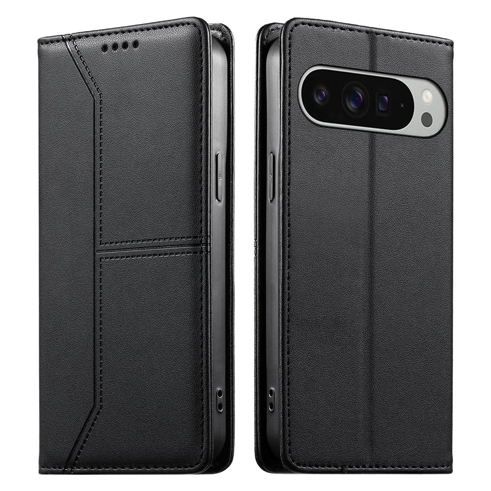 For Google Pixel 11 Pro XL Wallet Stand Case Line Splicing TPU PU Leather Phone Cover - Black - 1
