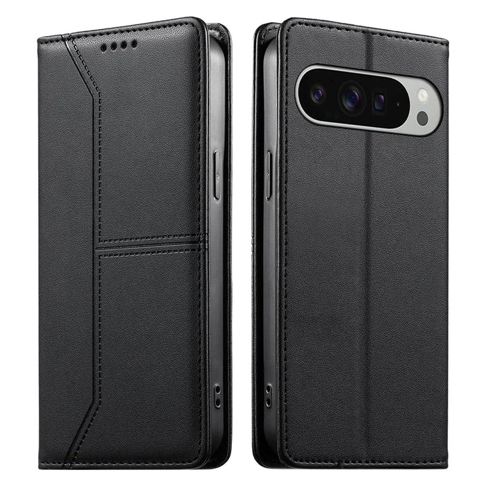 For Google Pixel 11 Pro XL Wallet Stand Case Line Splicing TPU PU Leather Phone Cover - Black - 1