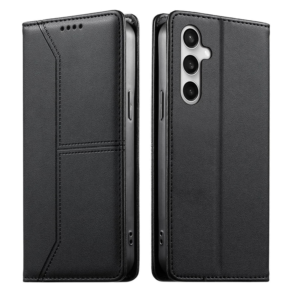 For Samsung Galaxy S26 FE Wallet Stand Case Line Splicing TPU PU Leather Phone Cover - Black - 1