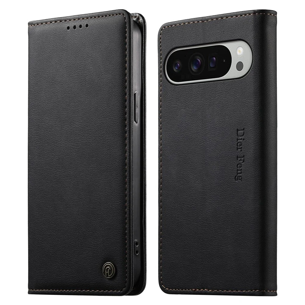 DIERFENG DF-019 for Google Pixel 11 Pro XL Leather Wallet Case Magnetic Flip Cover with Card Slots RFID Blocking - Black - 1