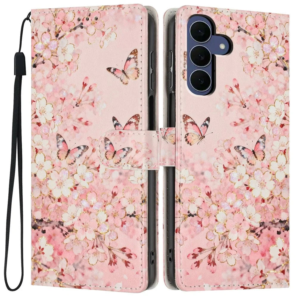 For Samsung Galaxy S26 FE Wallet Case Pattern Printing PU Leather Stand Flip Phone Cover with Wrist Strap - Pink Sakura Butterfly - 1