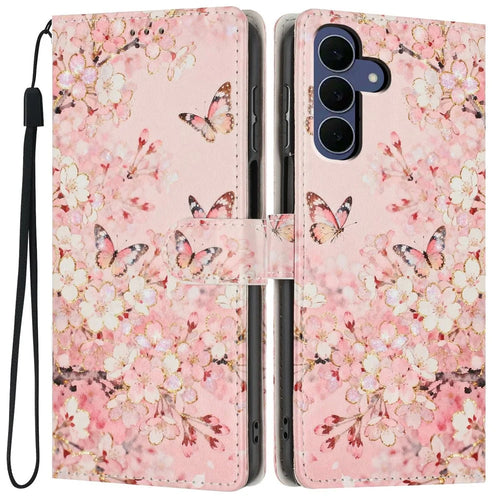 For Samsung Galaxy S26 FE Wallet Case Pattern Printing PU Leather Stand Flip Phone Cover with Wrist Strap - Pink Sakura Butterfly - 1
