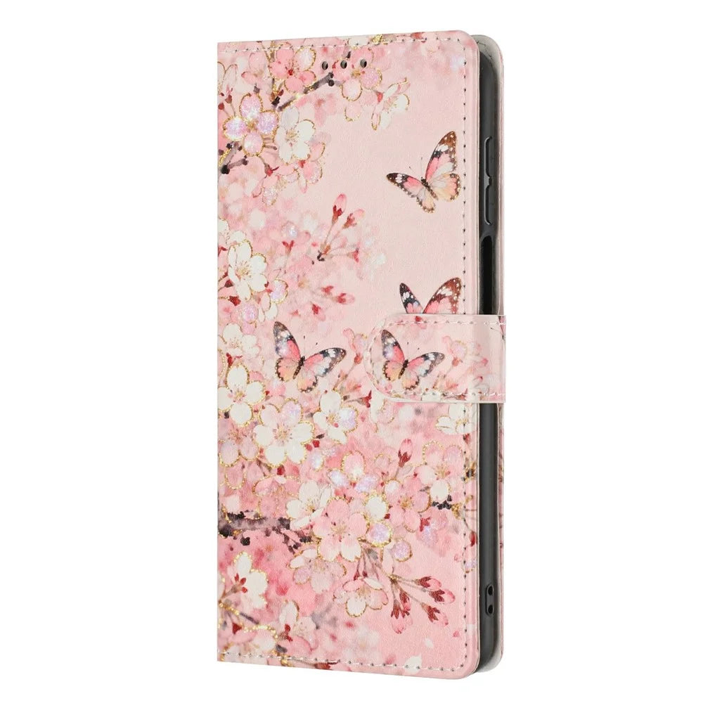 For Samsung Galaxy S26 FE Wallet Case Pattern Printing PU Leather Stand Flip Phone Cover with Wrist Strap - Pink Sakura Butterfly - 6