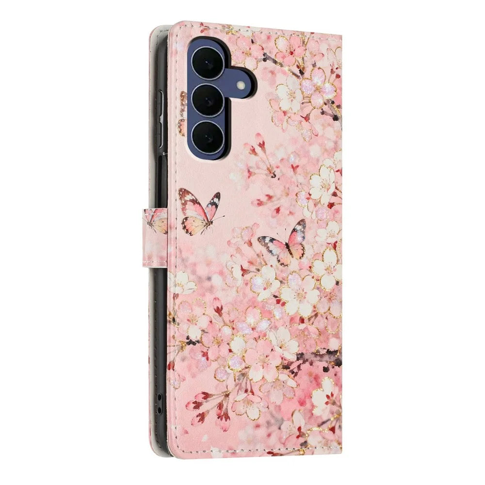 For Samsung Galaxy S26 FE Wallet Case Pattern Printing PU Leather Stand Flip Phone Cover with Wrist Strap - Pink Sakura Butterfly - 7
