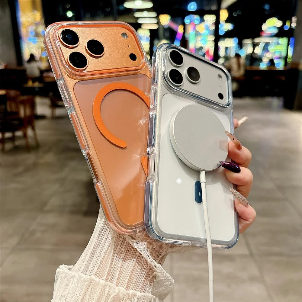 For iPhone 16 Pro Magnetic Case Clear PC TPU TPE Shockproof Cover Compatible with MagSafe - Orange - 2