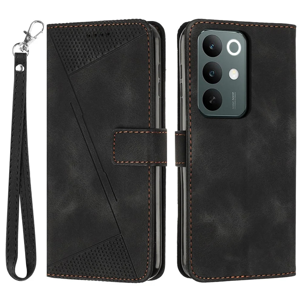 Leather Case For Realme C100 4G / C100x 4G / C100i 4G Imprinted Triangle Phone Cover with Hand Strap - Black - 1
