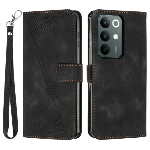 Leather Case For Realme C100 4G / C100x 4G / C100i 4G Imprinted Triangle Phone Cover with Hand Strap - Black - 1