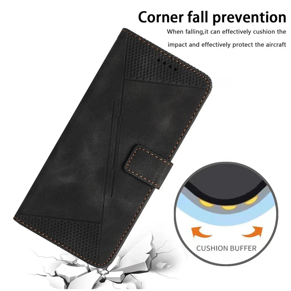 Leather Case For Realme C100 4G / C100x 4G / C100i 4G Imprinted Triangle Phone Cover with Hand Strap - Black - 7
