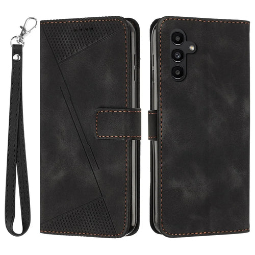 For Samsung Galaxy S26 FE Leather Case Imprinted Triangle Phone Cover with Hand Strap - Black - 1