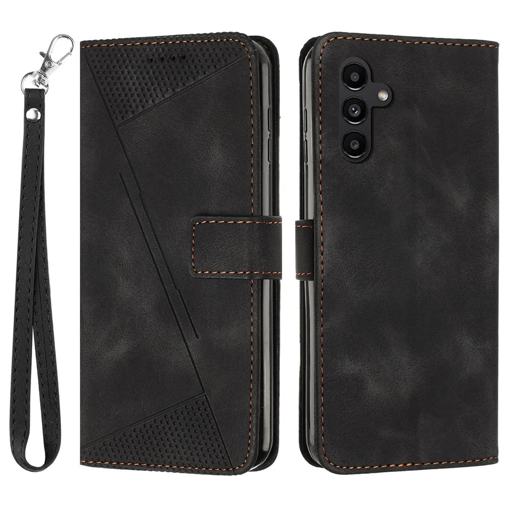 For Samsung Galaxy S26 FE Leather Case Imprinted Triangle Phone Cover with Hand Strap - Black - 1