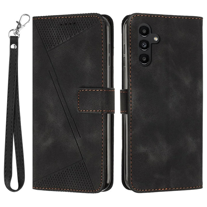 For Samsung Galaxy S26 FE Leather Case Imprinted Triangle Phone Cover with Hand Strap - Black - 1