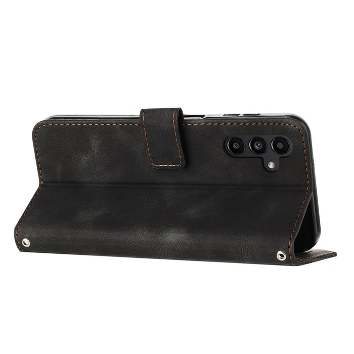 For Samsung Galaxy S26 FE Leather Case Imprinted Triangle Phone Cover with Hand Strap - Black - 2