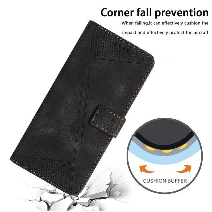 For Samsung Galaxy S26 FE Leather Case Imprinted Triangle Phone Cover with Hand Strap - Black - 7