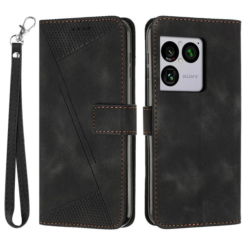 For Sony Xperia 1 VIII Leather Case Imprinted Triangle Phone Cover with Hand Strap - Black - 1