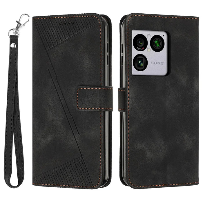For Sony Xperia 1 VIII Leather Case Imprinted Triangle Phone Cover with Hand Strap - Black - 1