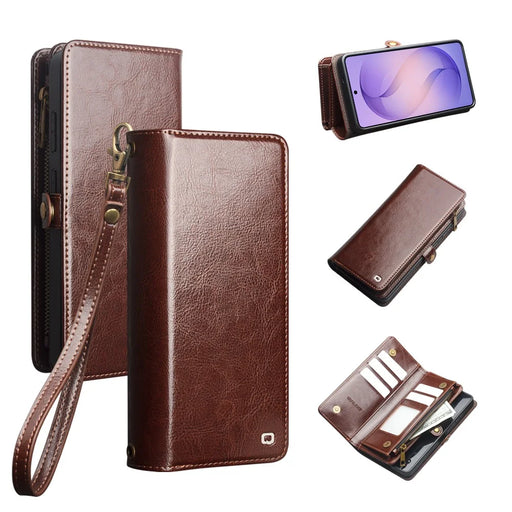 QIALINO for Samsung Galaxy S26 Ultra Case Split Leather Detachable 2 in 1 Wallet Phone Cover with Long Strap and Wrist Strap - Brown - 1