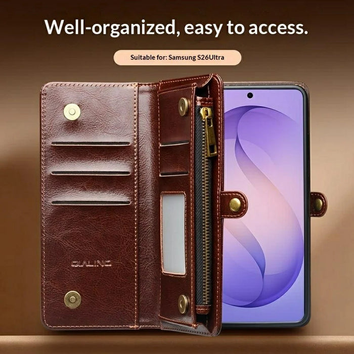 QIALINO for Samsung Galaxy S26 Ultra Case Split Leather Detachable 2 in 1 Wallet Phone Cover with Long Strap and Wrist Strap - Brown - 7
