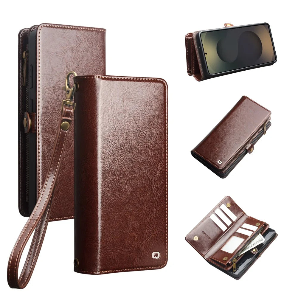 QIALINO for Samsung Galaxy S25 Ultra Case Split Leather Detachable 2 in 1 Wallet Phone Cover with Long Strap and Wrist Strap - Brown - 1