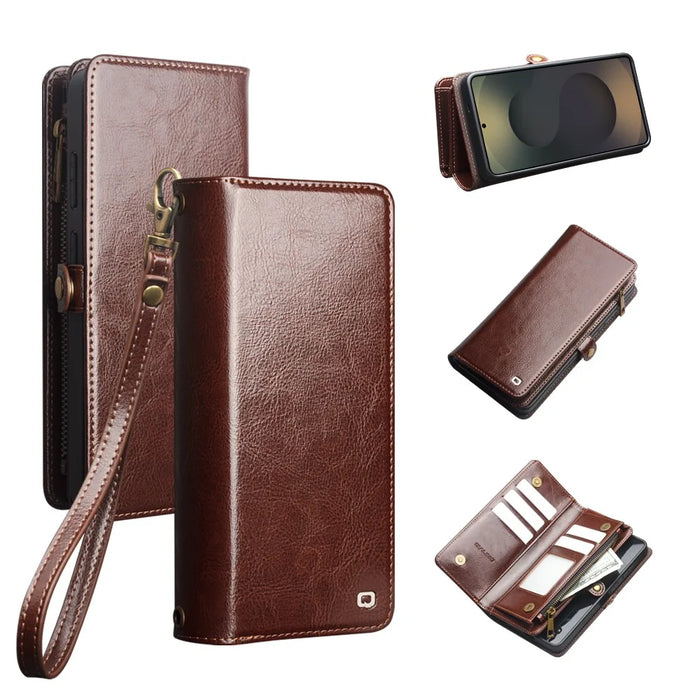 QIALINO for Samsung Galaxy S25 Ultra Case Split Leather Detachable 2 in 1 Wallet Phone Cover with Long Strap and Wrist Strap - Brown - 1