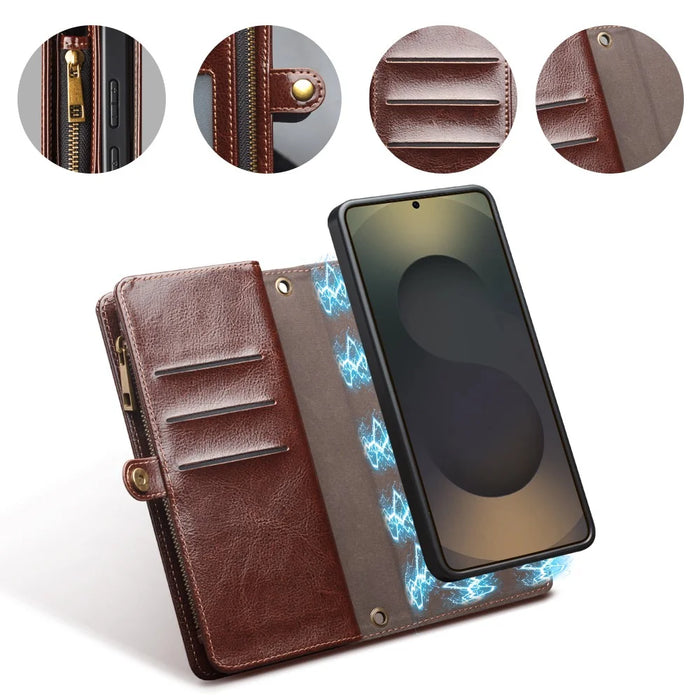 QIALINO for Samsung Galaxy S25 Ultra Case Split Leather Detachable 2 in 1 Wallet Phone Cover with Long Strap and Wrist Strap - Brown - 2