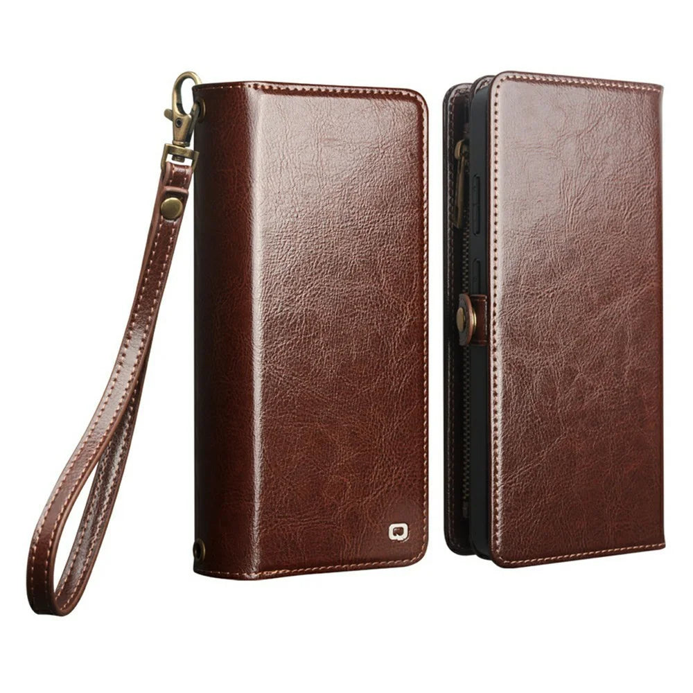 QIALINO for Samsung Galaxy S25 Ultra Case Split Leather Detachable 2 in 1 Wallet Phone Cover with Long Strap and Wrist Strap - Brown - 4