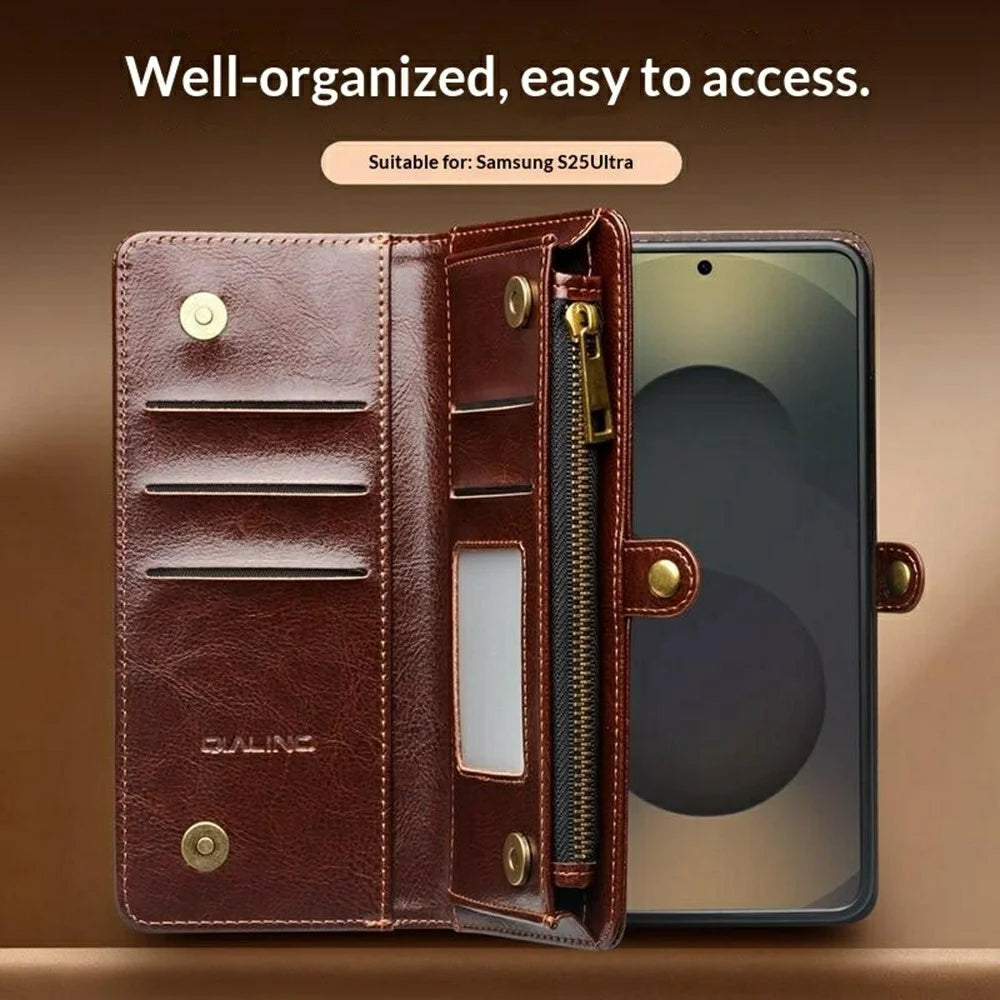 QIALINO for Samsung Galaxy S25 Ultra Case Split Leather Detachable 2 in 1 Wallet Phone Cover with Long Strap and Wrist Strap - Brown - 7