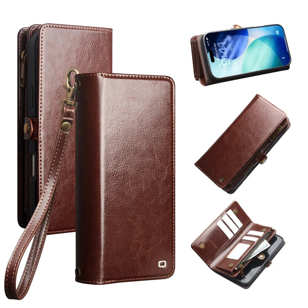 QIALINO for iPhone 17 Pro Max Case Split Leather Detachable 2 in 1 Wallet Phone Cover with Long Strap and Wrist Strap - Brown - 1