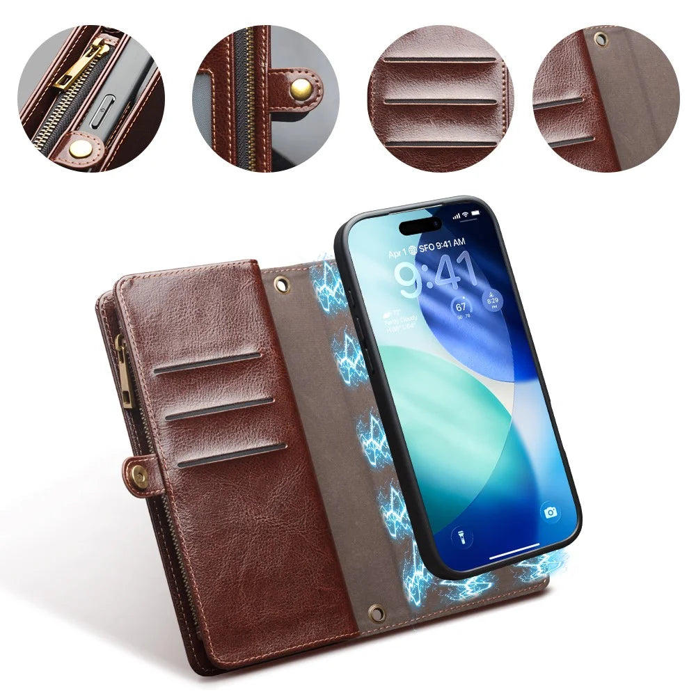 QIALINO for iPhone 17 Pro Max Case Split Leather Detachable 2 in 1 Wallet Phone Cover with Long Strap and Wrist Strap - Brown - 2