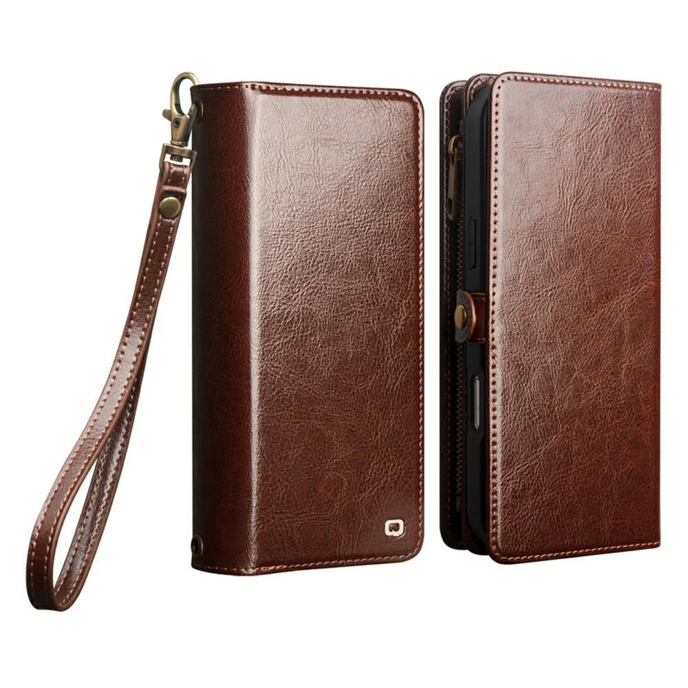 QIALINO for iPhone 17 Pro Max Case Split Leather Detachable 2 in 1 Wallet Phone Cover with Long Strap and Wrist Strap - Brown - 4