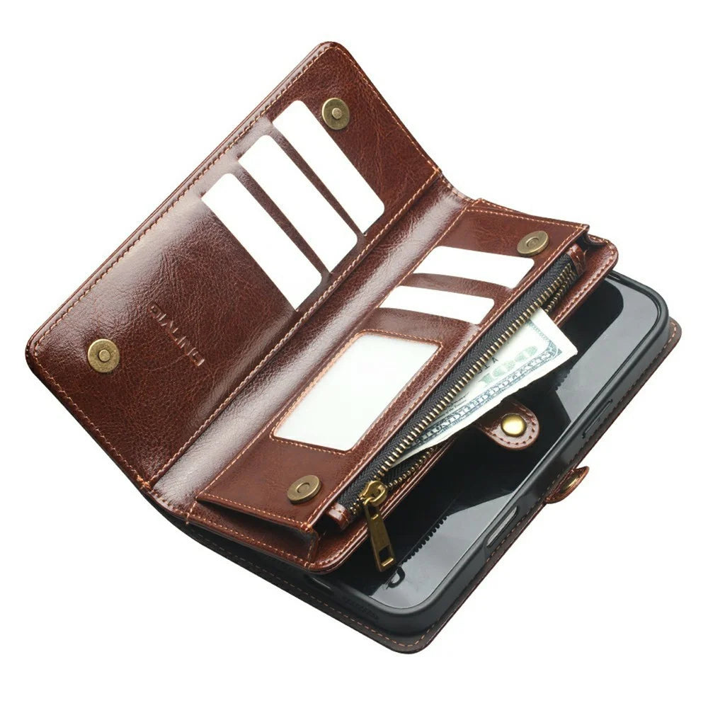QIALINO for iPhone 17 Pro Max Case Split Leather Detachable 2 in 1 Wallet Phone Cover with Long Strap and Wrist Strap - Brown - 5
