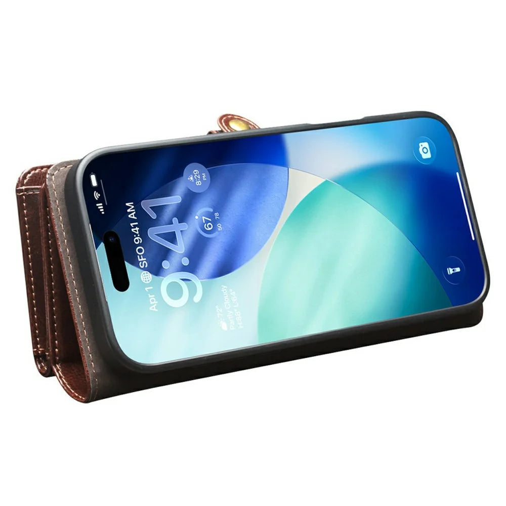 QIALINO for iPhone 17 Pro Max Case Split Leather Detachable 2 in 1 Wallet Phone Cover with Long Strap and Wrist Strap - Brown - 6