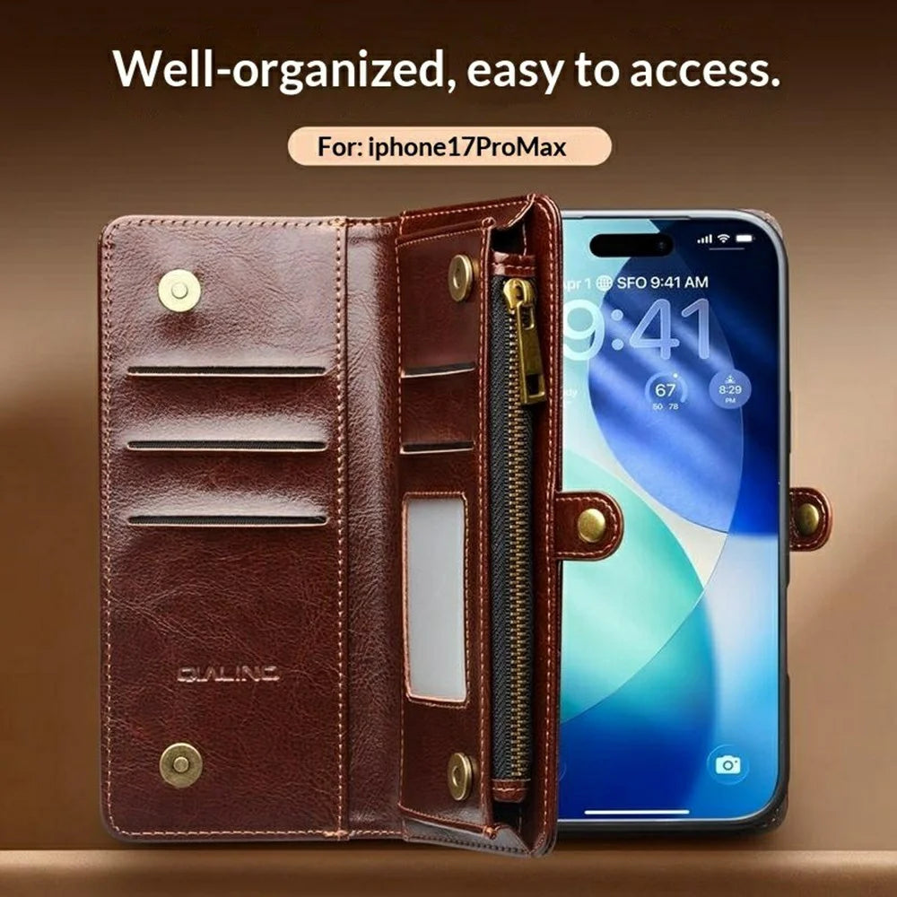 QIALINO for iPhone 17 Pro Max Case Split Leather Detachable 2 in 1 Wallet Phone Cover with Long Strap and Wrist Strap - Brown - 7