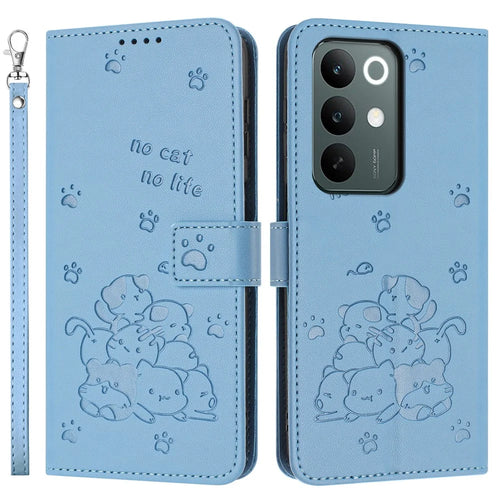For Realme C100 4G  /  C100x 4G  /  C100i 4G Wallet Case Cats Imprint Leather Phone Cover with Strap - Blue - 1