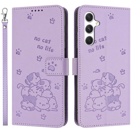 For Samsung Galaxy S26 FE Wallet Case Cats Imprint Leather Phone Cover with Strap - Purple - 1